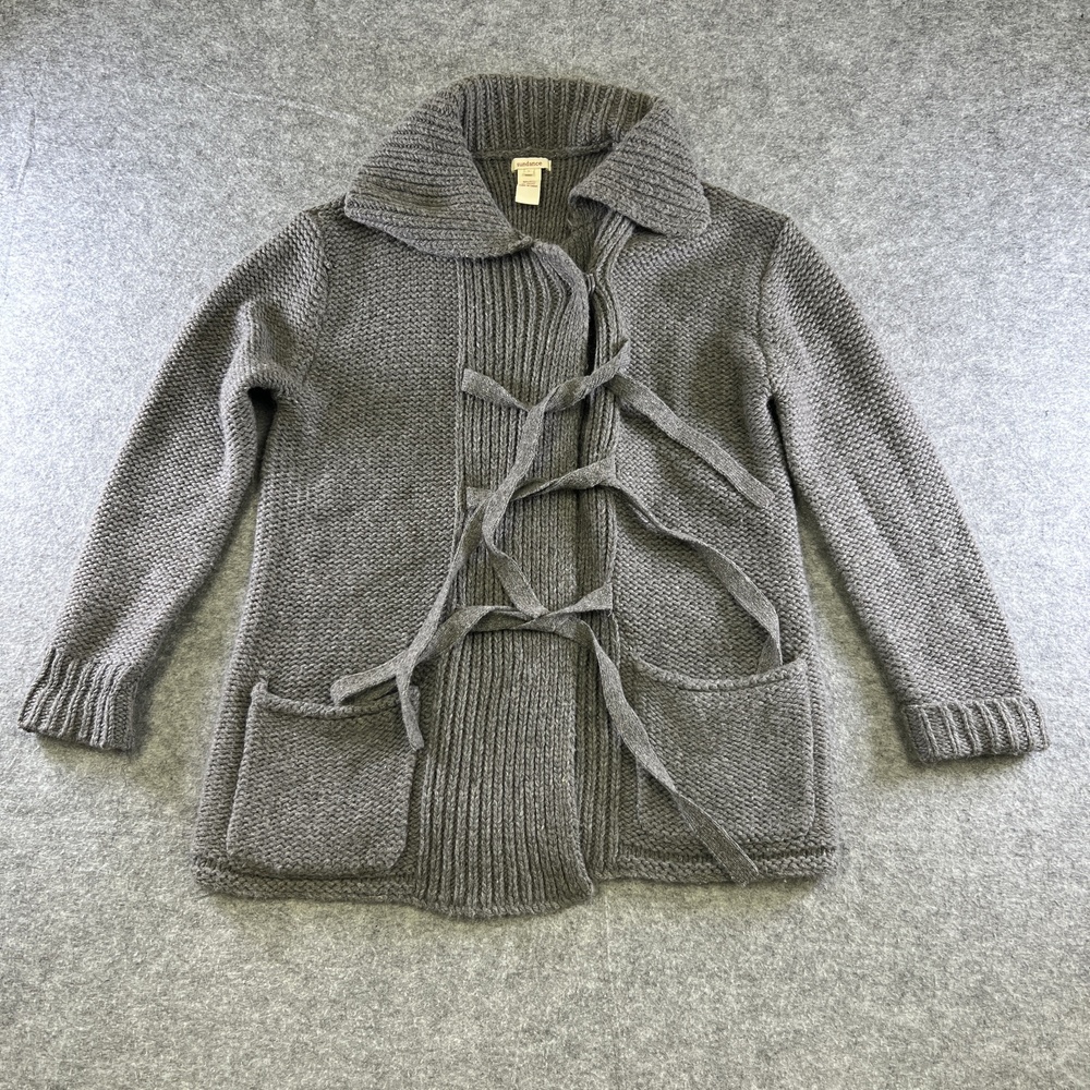 Sundance Sweater Womens L Gray Cardigan Collared Chunky Knit Open Pockets